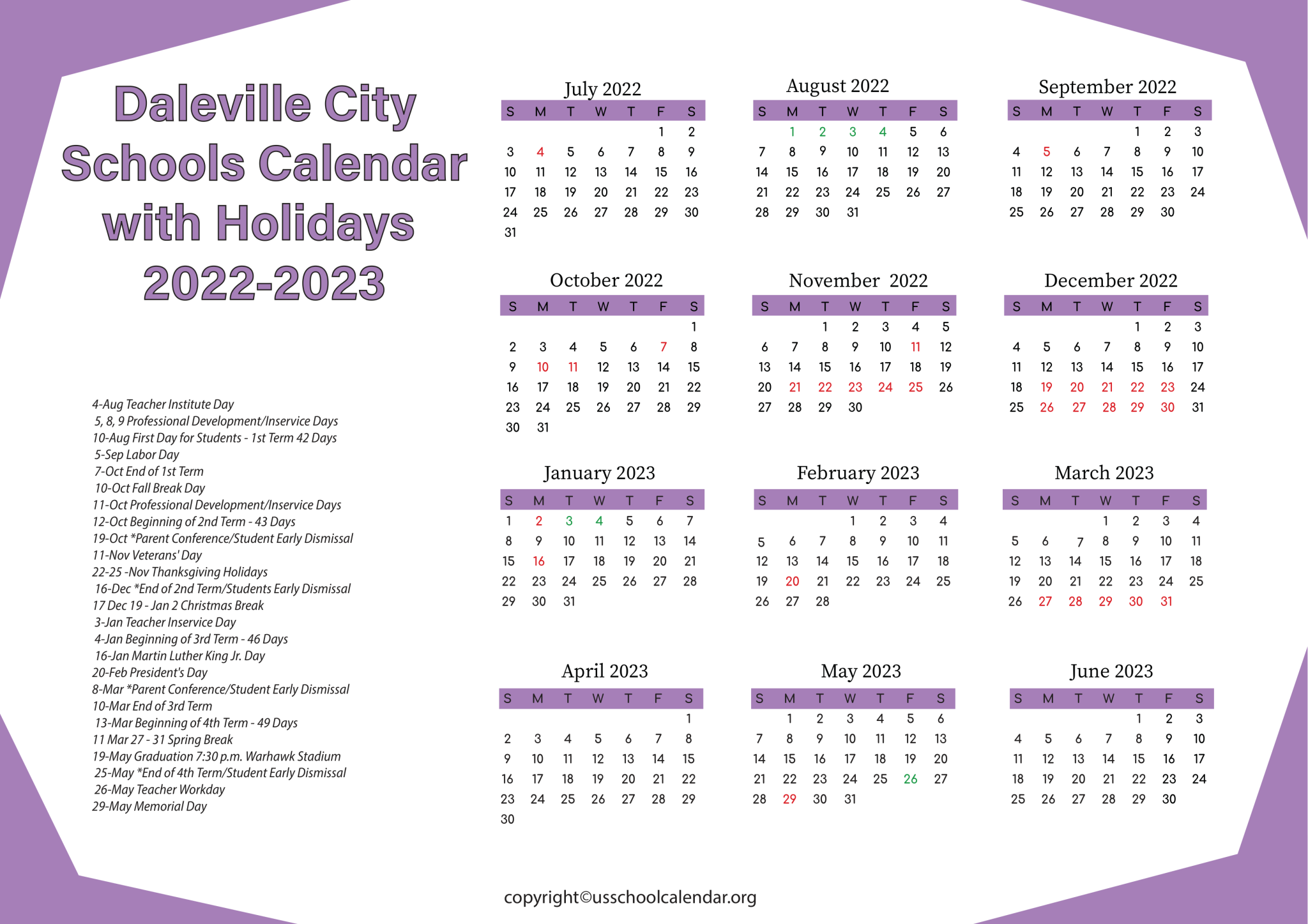 Daleville City Schools Calendar with Holidays 2023