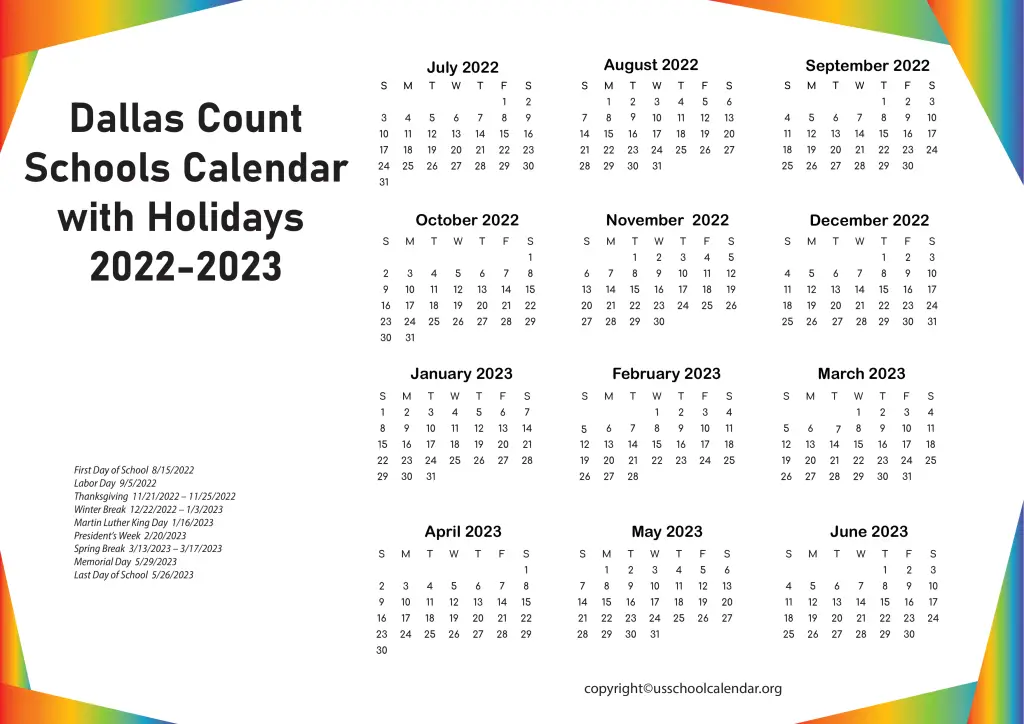 Dallas County Schools Calendar with Holidays 2022-2023