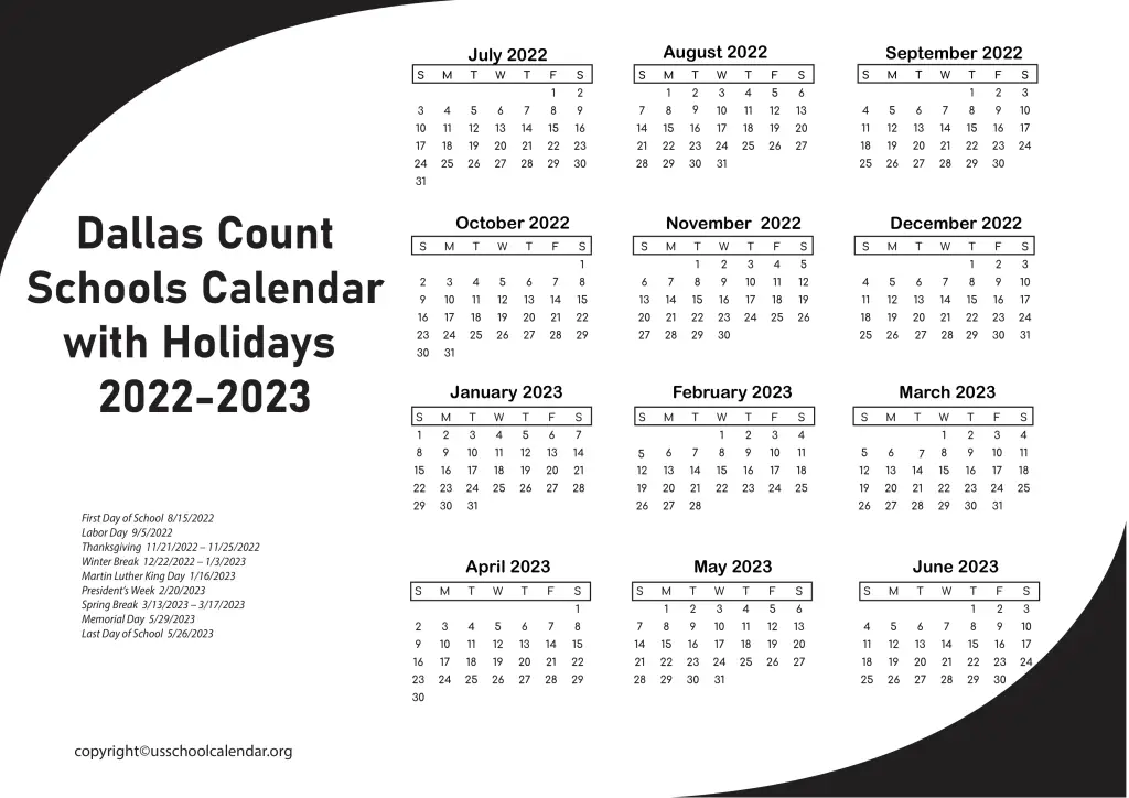Dallas County Schools Calendar with Holidays 2022-2023 2