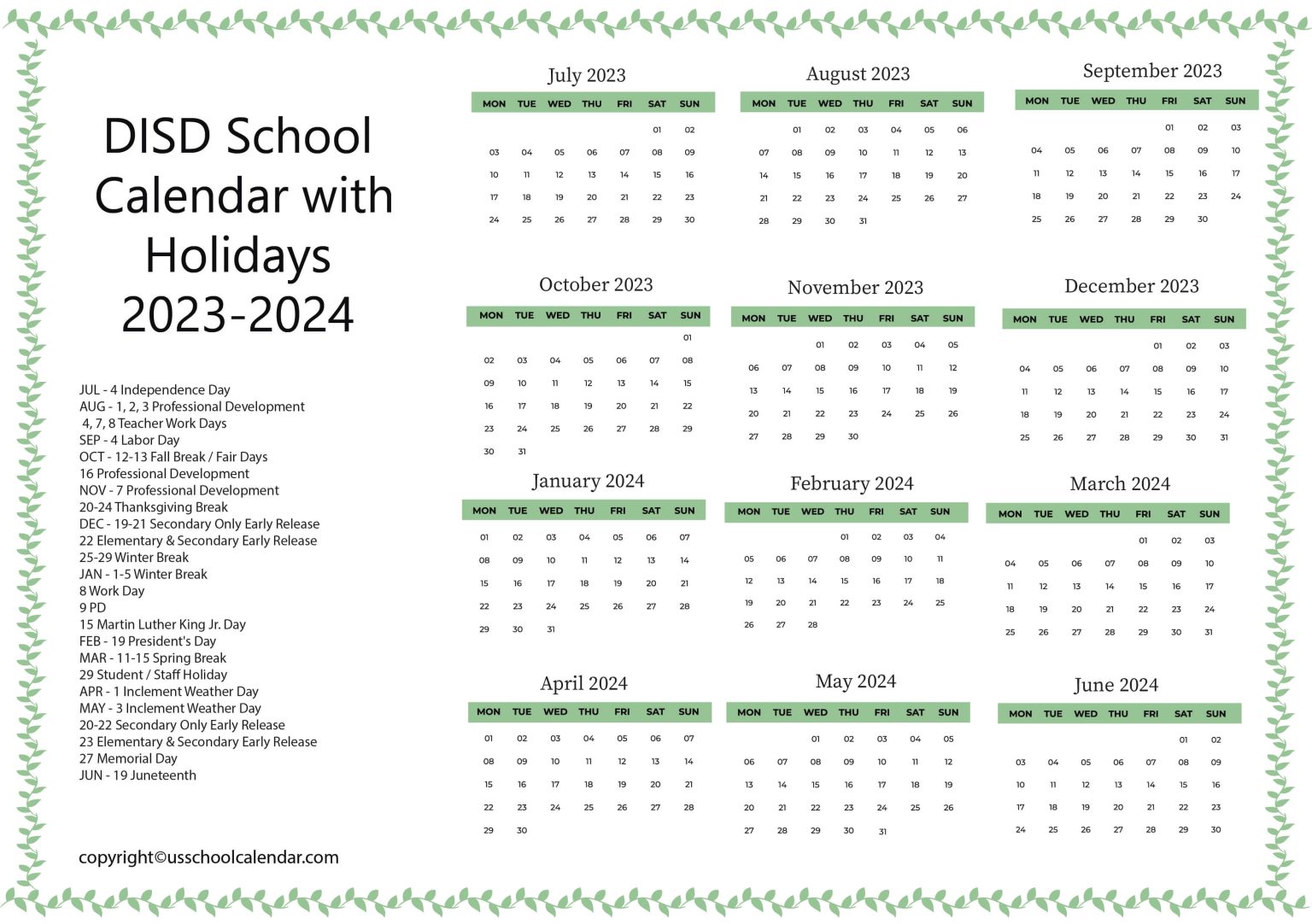 DISD School Calendar with Holidays 20232024