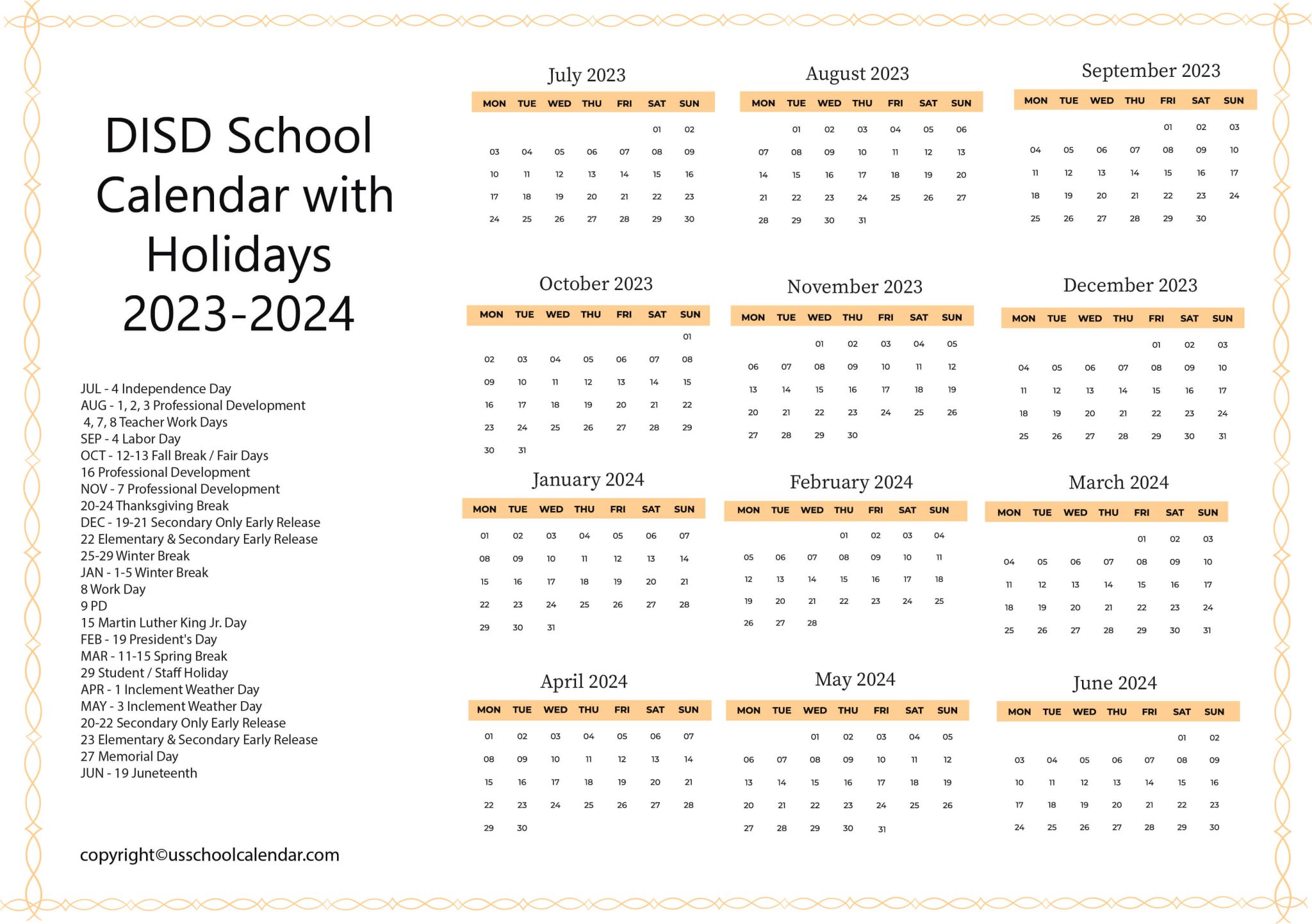DISD School Calendar with Holidays 20232024