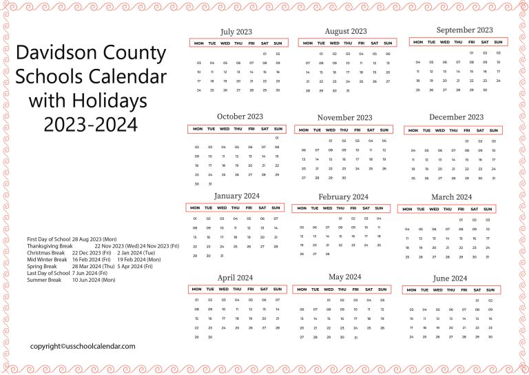 Davidson County Schools Calendar with Holidays 20232024