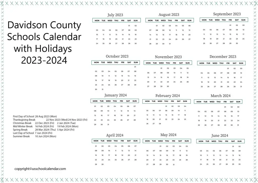 Davidson County School Calendar
