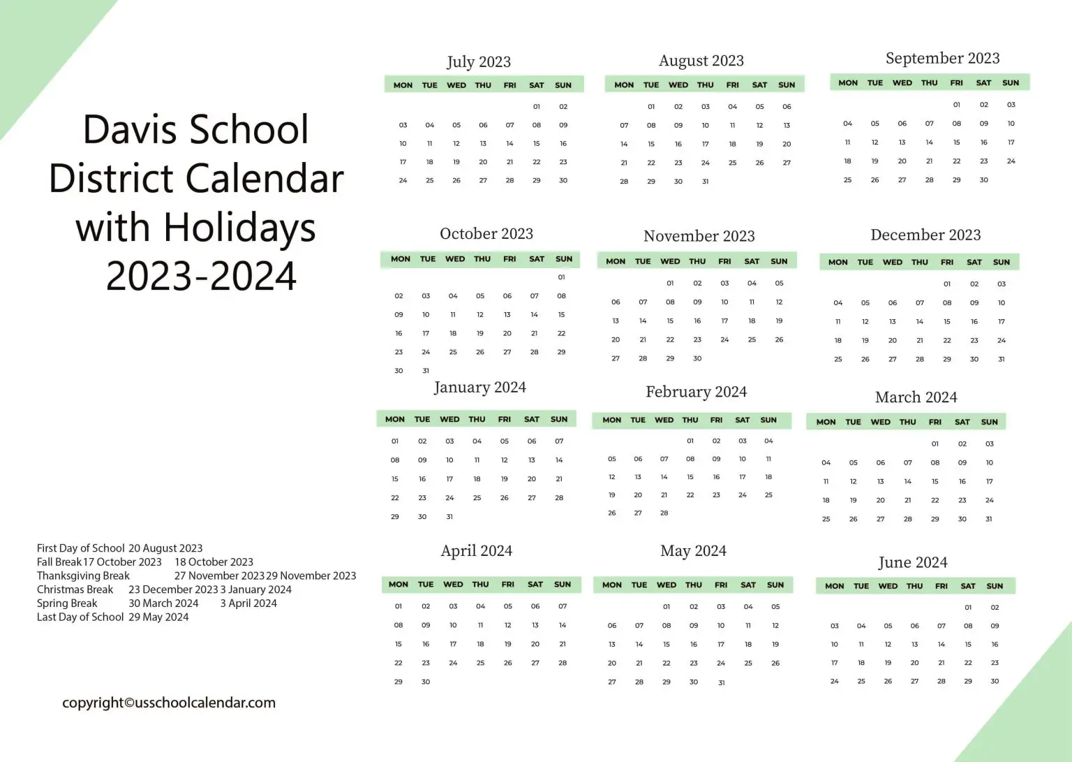 Davis School District Calendar with Holidays 2023 2024