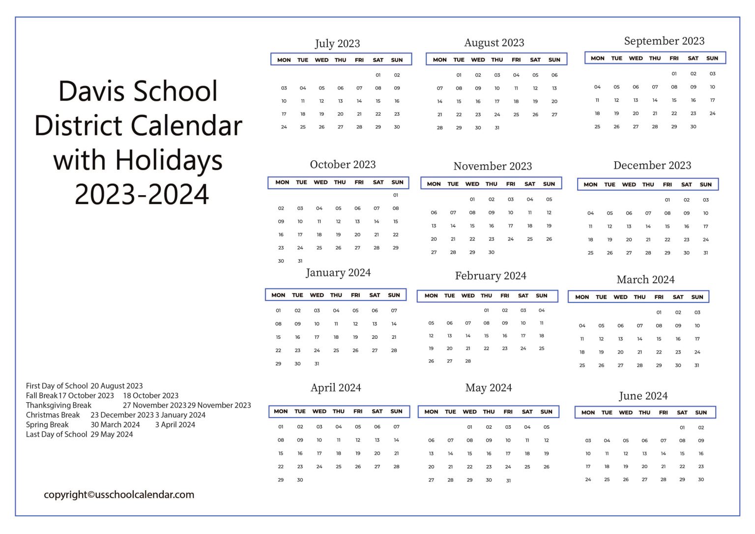 Davis School District Calendar with Holidays 20232024