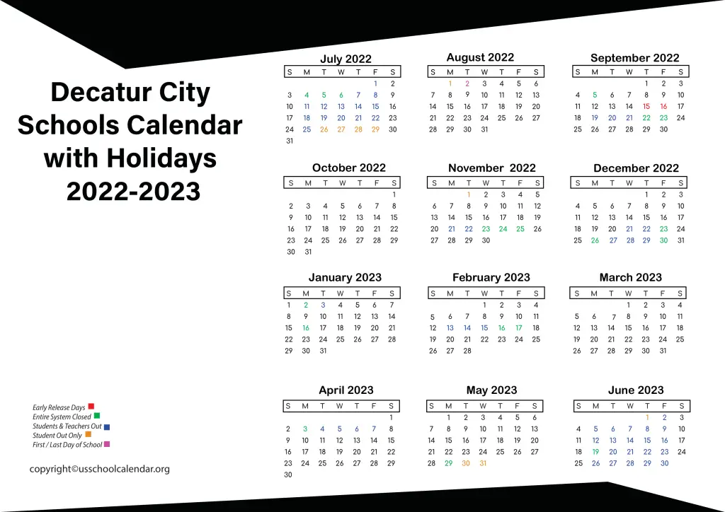 Decatur City Schools Calendar with Holidays 2022-2023