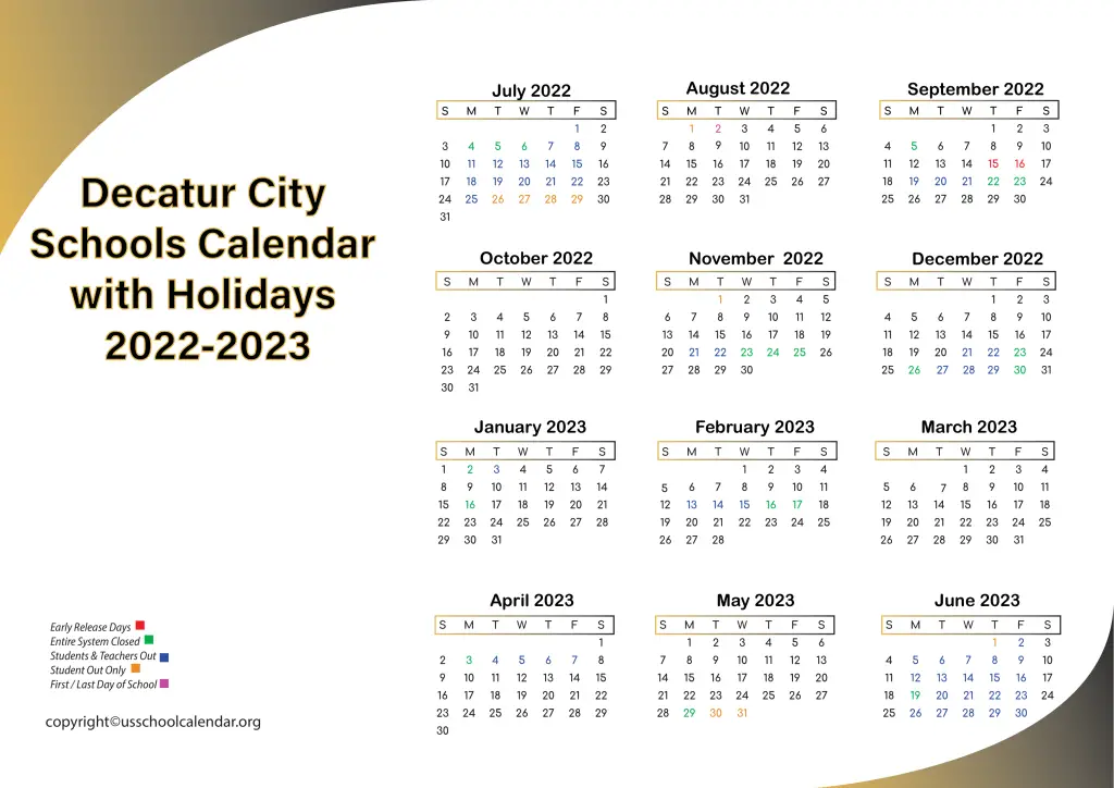 Decatur City Schools Calendar with Holidays 2022-2023 2
