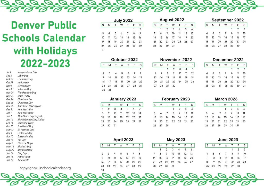 Denver Public Schools Calendar with Holidays 2022-2023