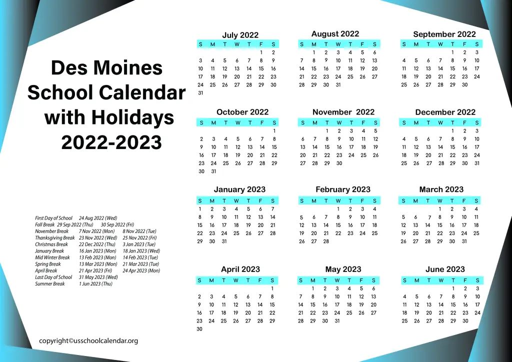 Des Moines School Calendar with Holidays 2022-2023