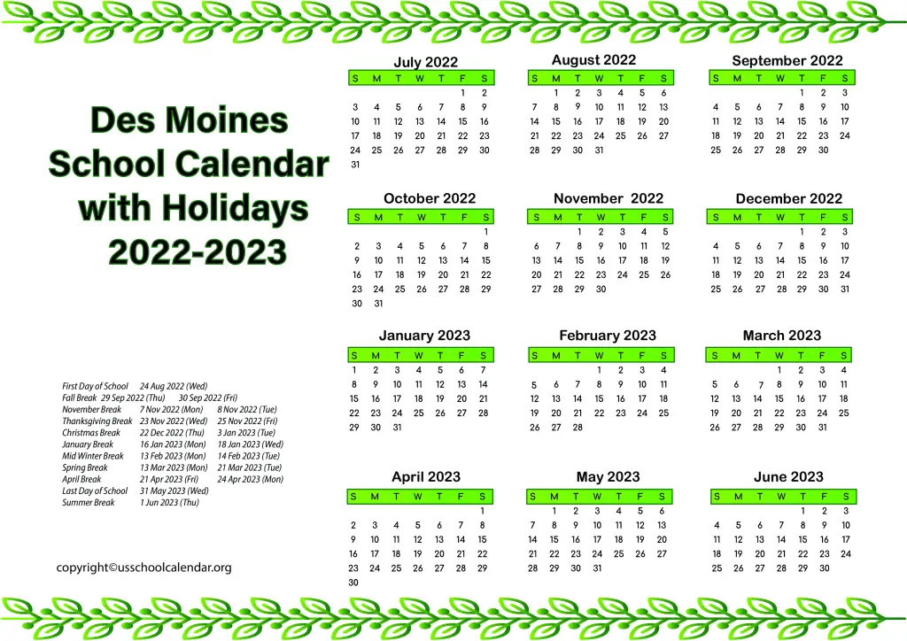 Des Moines School Calendar with Holidays 2022-2023 2