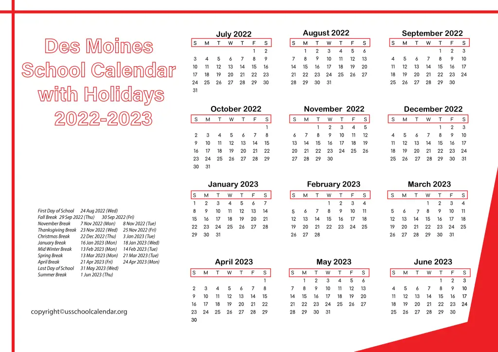 Des Moines School Calendar with Holidays 2022-2023 3