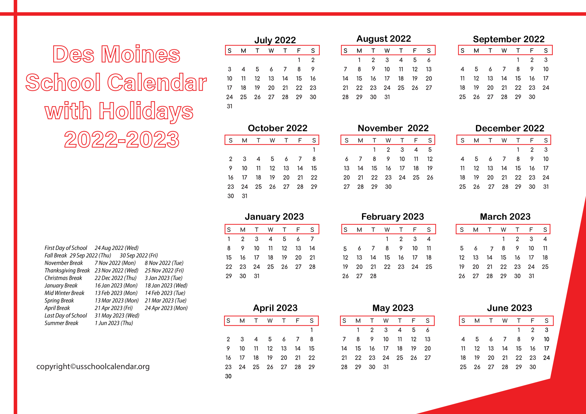 [DMS] Des Moines School Calendar with Holidays 20222023