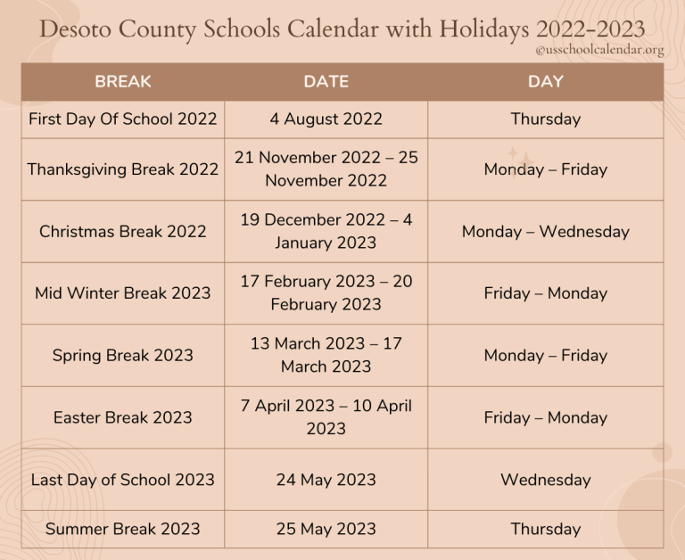 Desoto County Schools Calendar with Holidays 2022 2023
