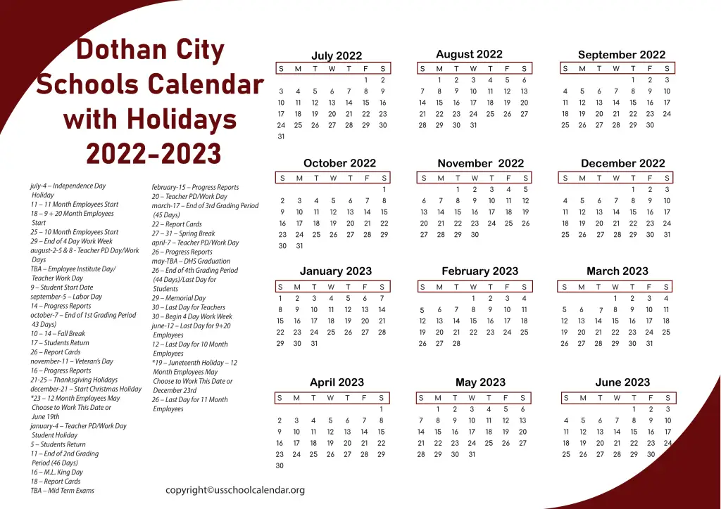 Dothan City Schools Calendar with Holidays 2022-2023 2