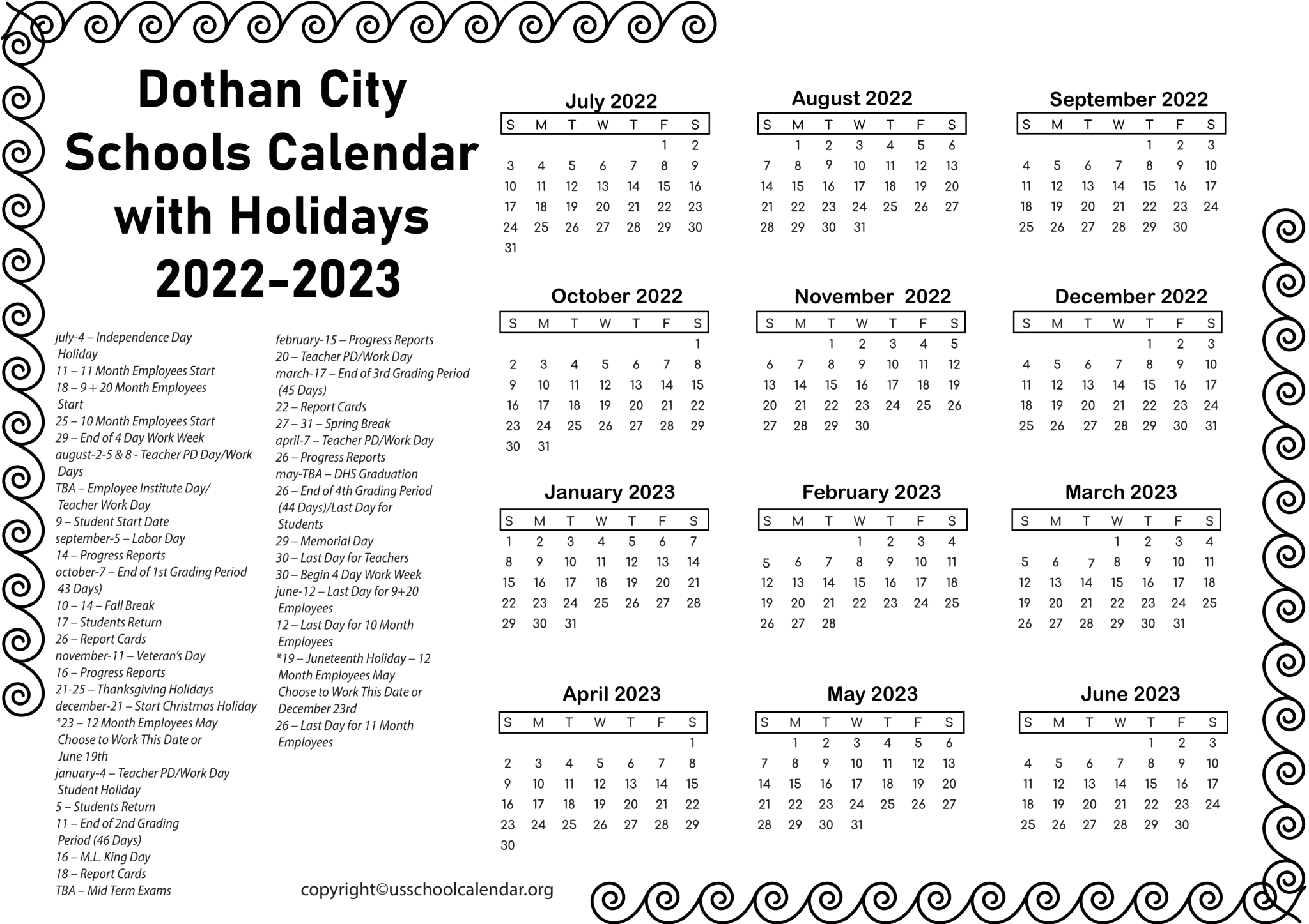 Dothan City Schools Calendar US School Calendar