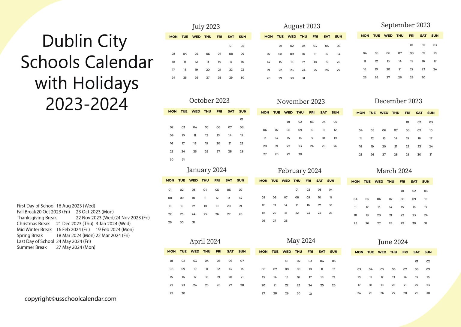 Dublin City Schools Calendar with Holidays 20232024
