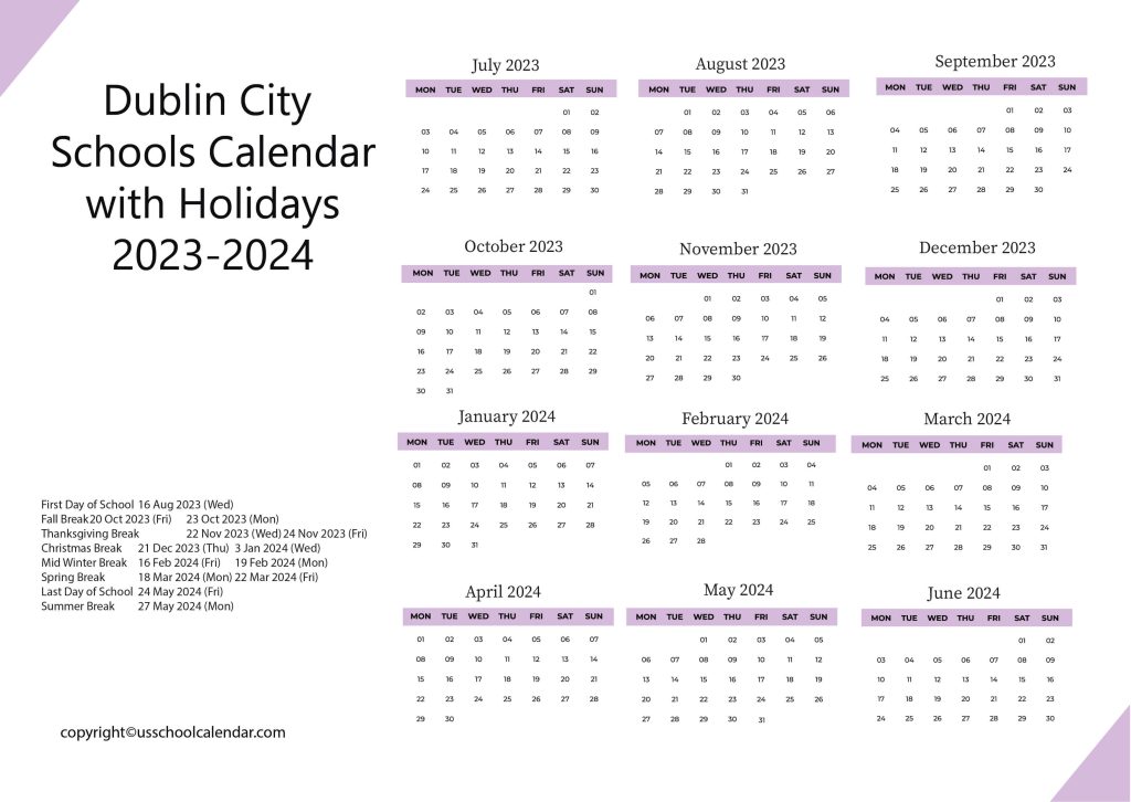 Dublin City Schools District Calendar