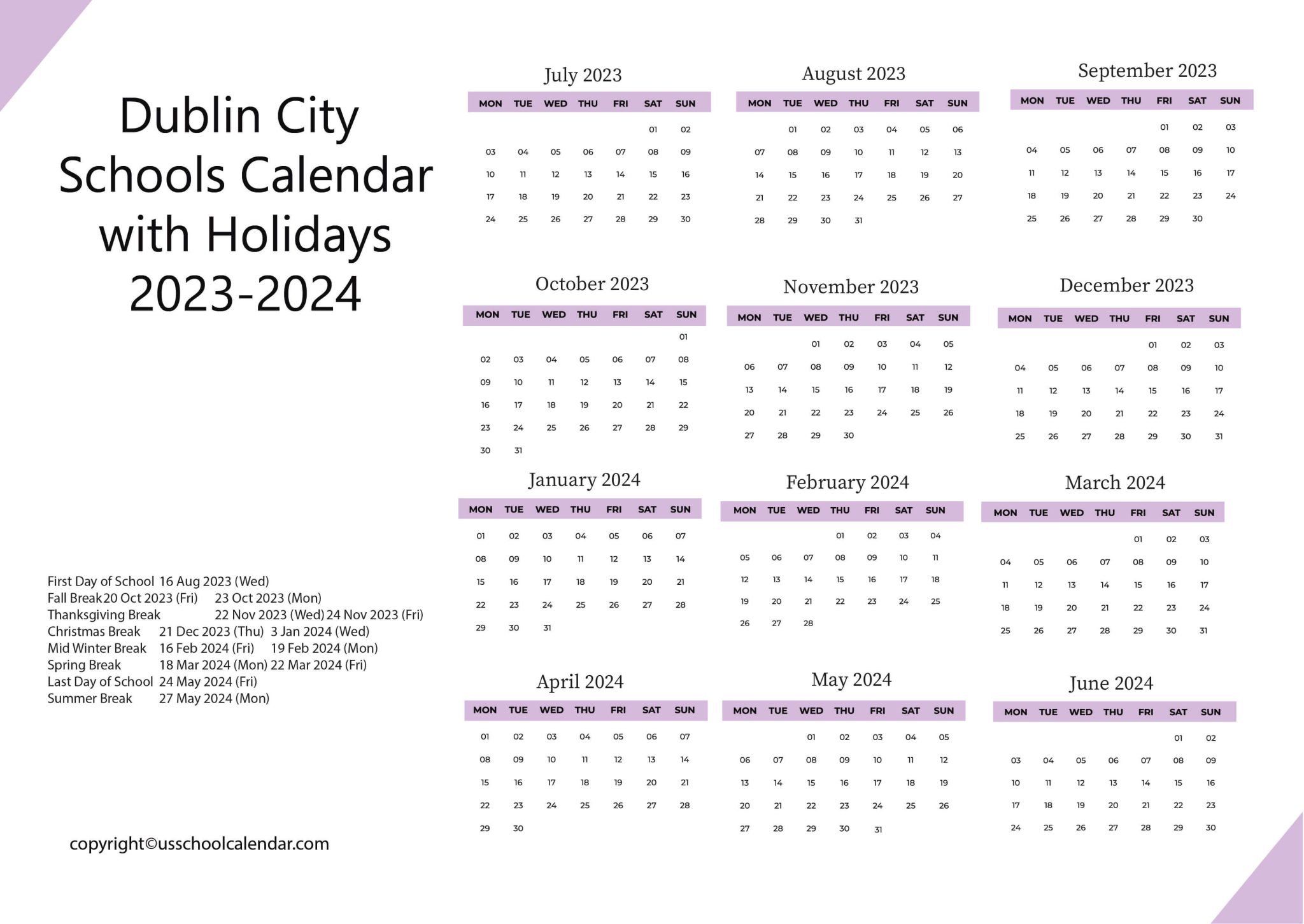 Dublin City Schools Calendar with Holidays 20232024