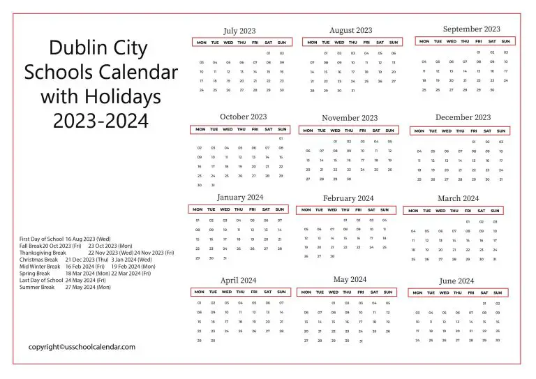 Dublin City Schools Calendar with Holidays 20232024