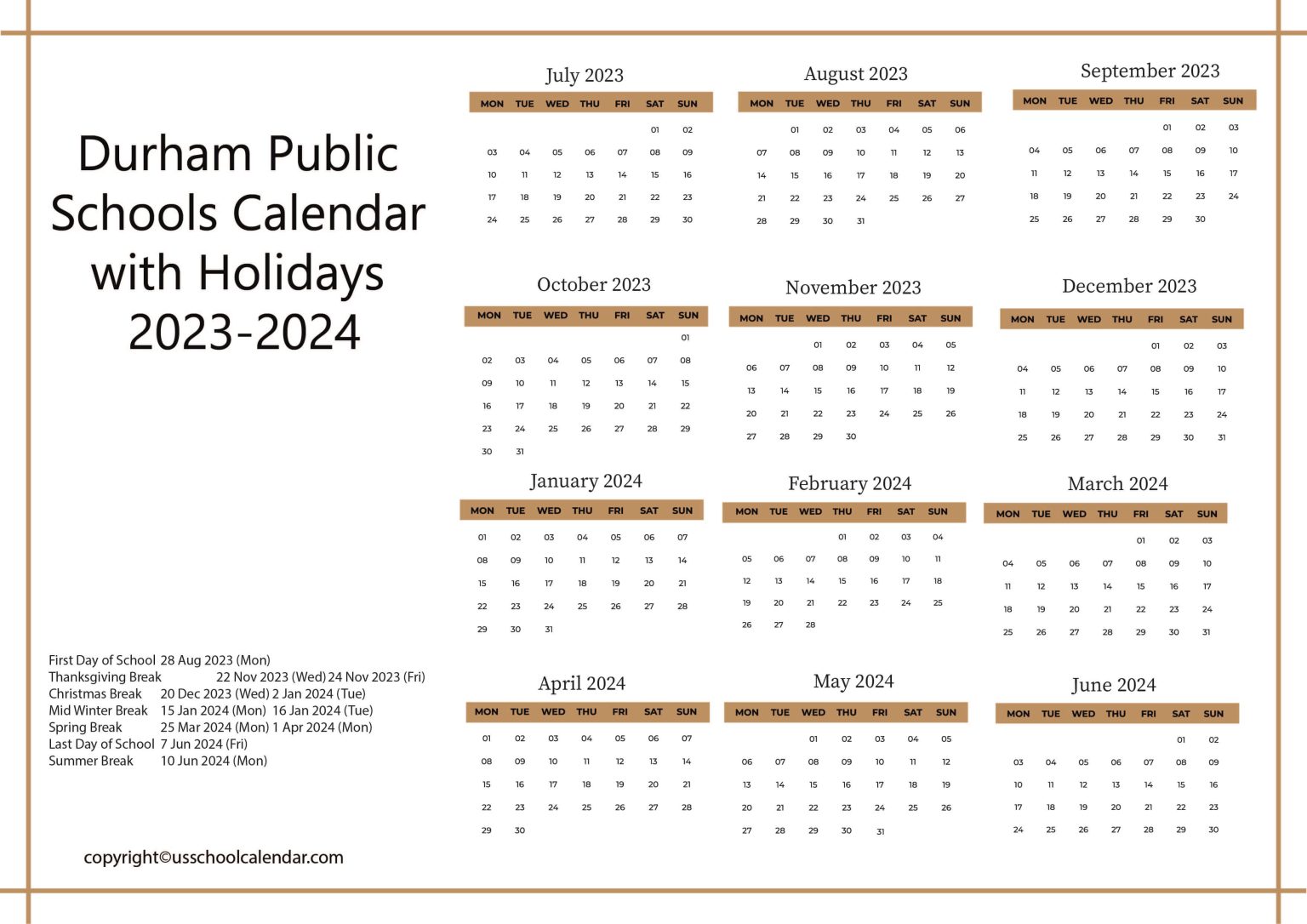 Durham Public Schools Calendar with Holidays 20232024