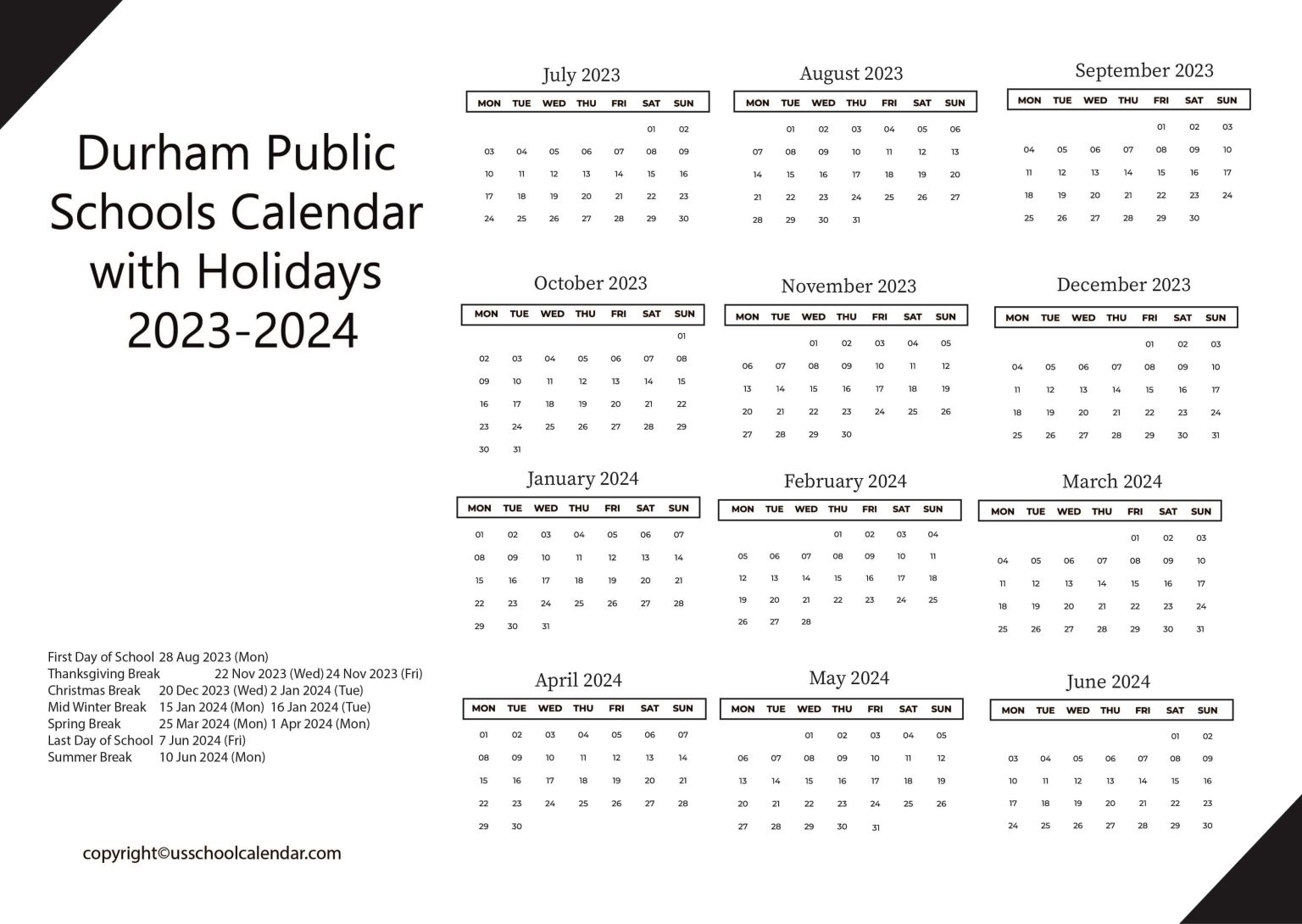 Durham Public Schools Calendar with Holidays 20232024