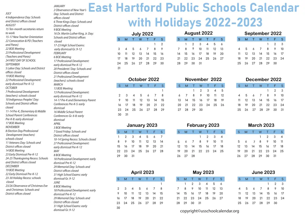 East Hartford Public Schools Calendar with Holidays 2022-2023