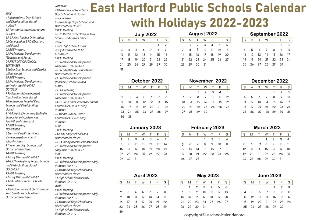 East Hartford Public Schools Calendar with Holidays 2022-2023 3