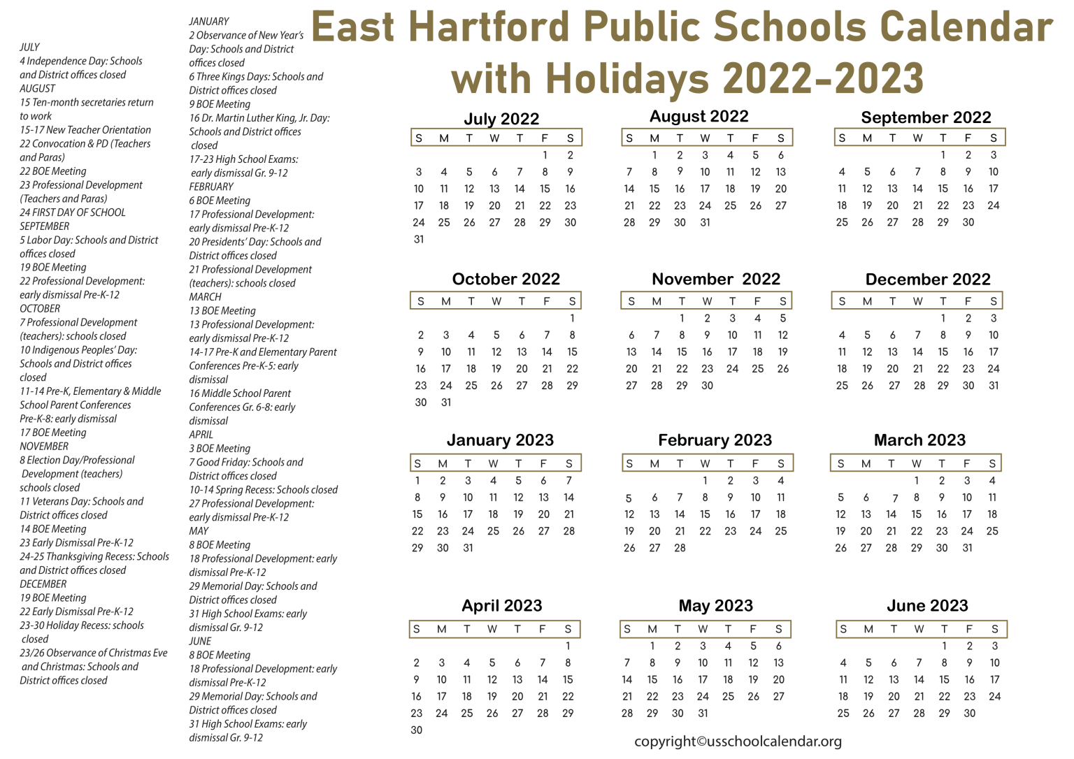 East Hartford Public Schools Calendar with Holidays 2023