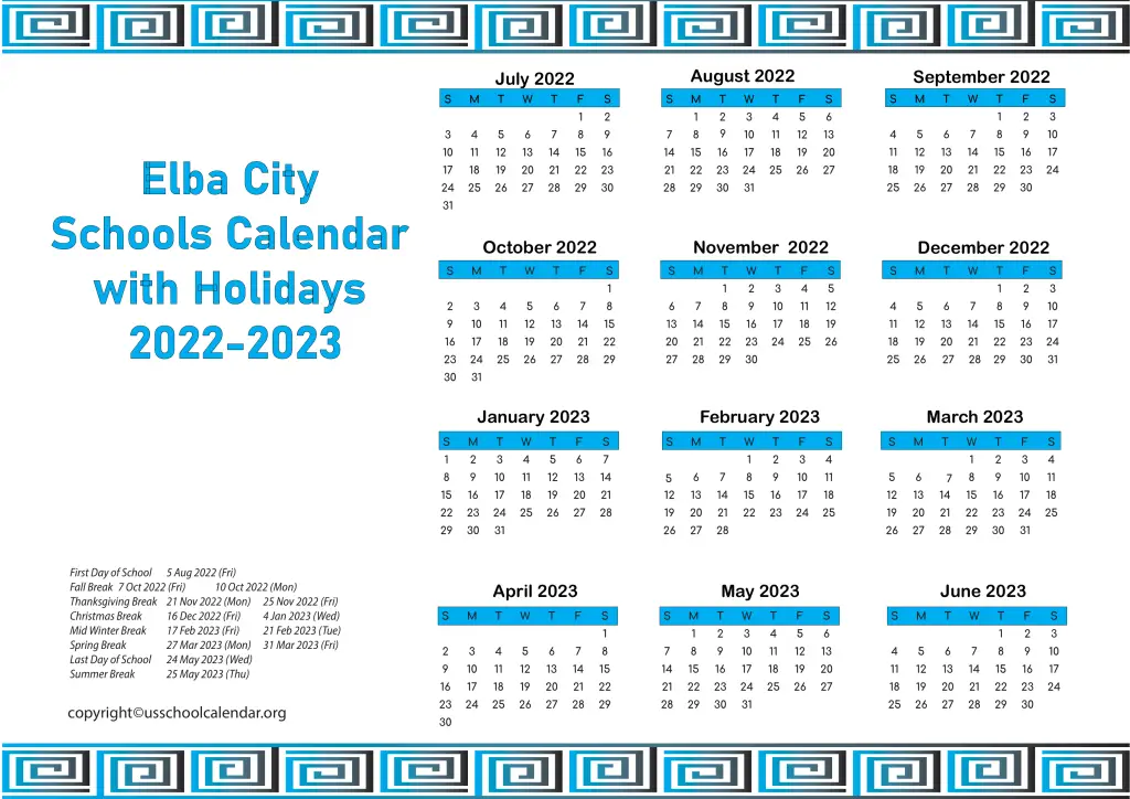 Elba City Schools Calendar with Holidays 2022-2023 2