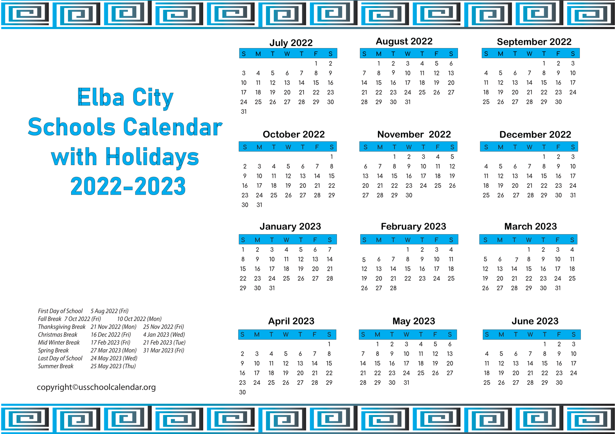 Elba City Schools Calendar with Holidays 2023