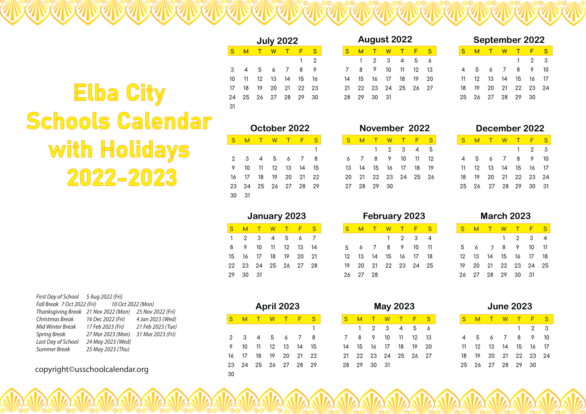 Elba City Schools Calendar with Holidays 2023