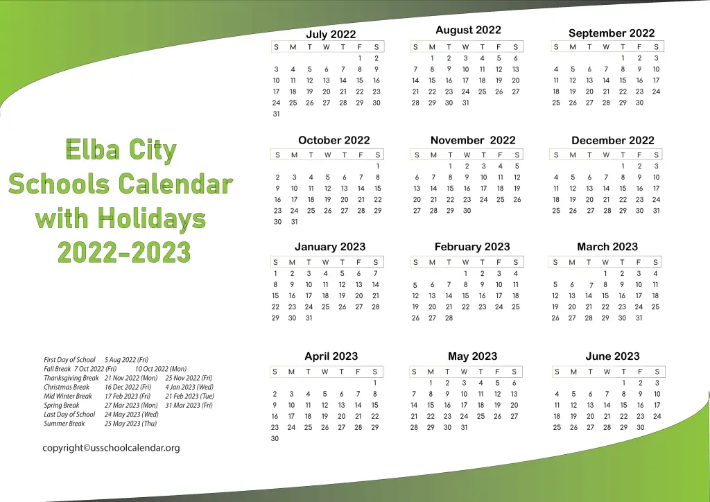 Elba City Schools Calendar with Holidays 2022-2023 3