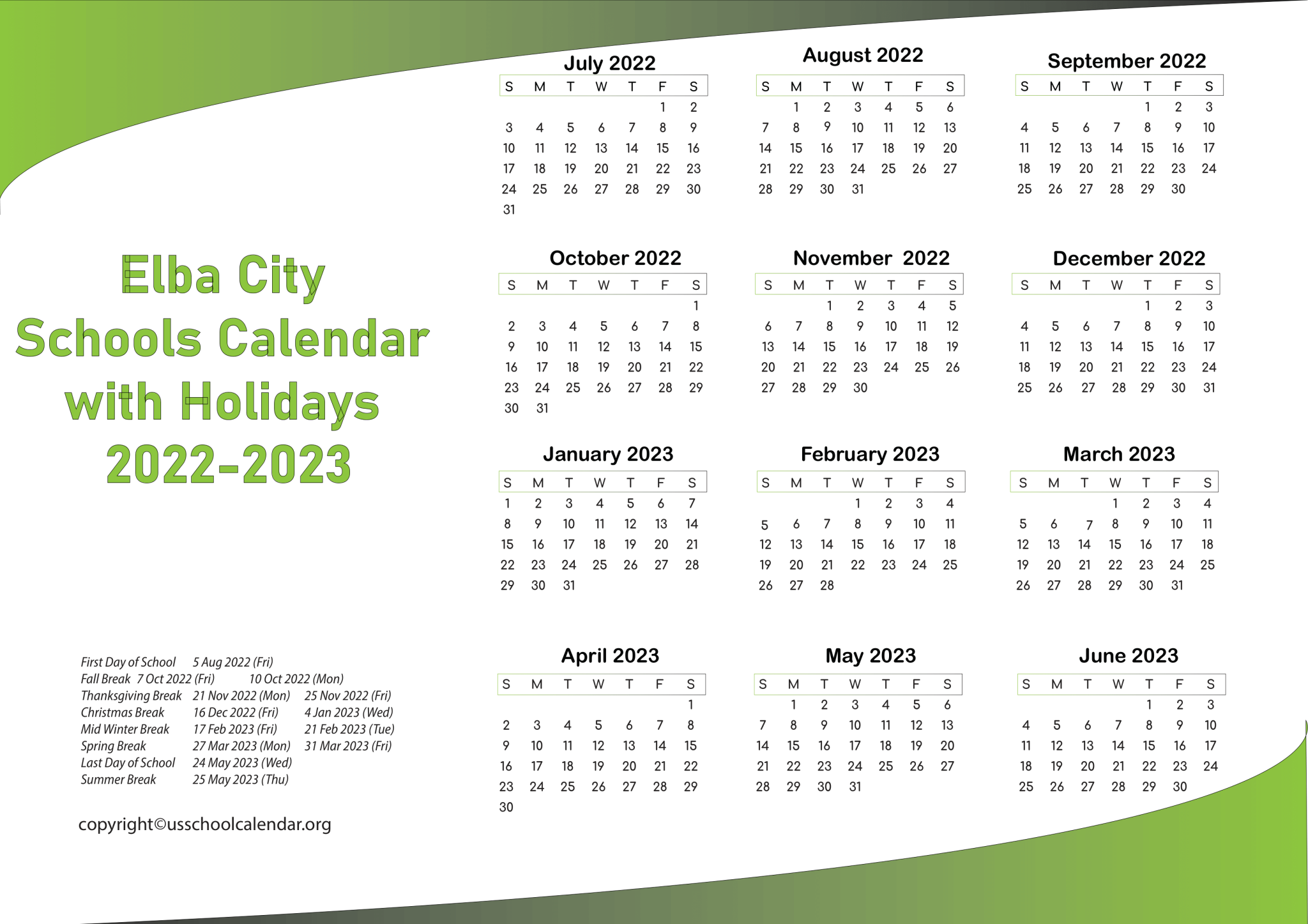 Elba City Schools Calendar with Holidays 2023