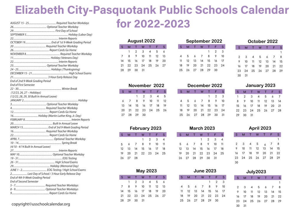 Elizabeth City-Pasquotank Public Schools Calendar for 2022-2023