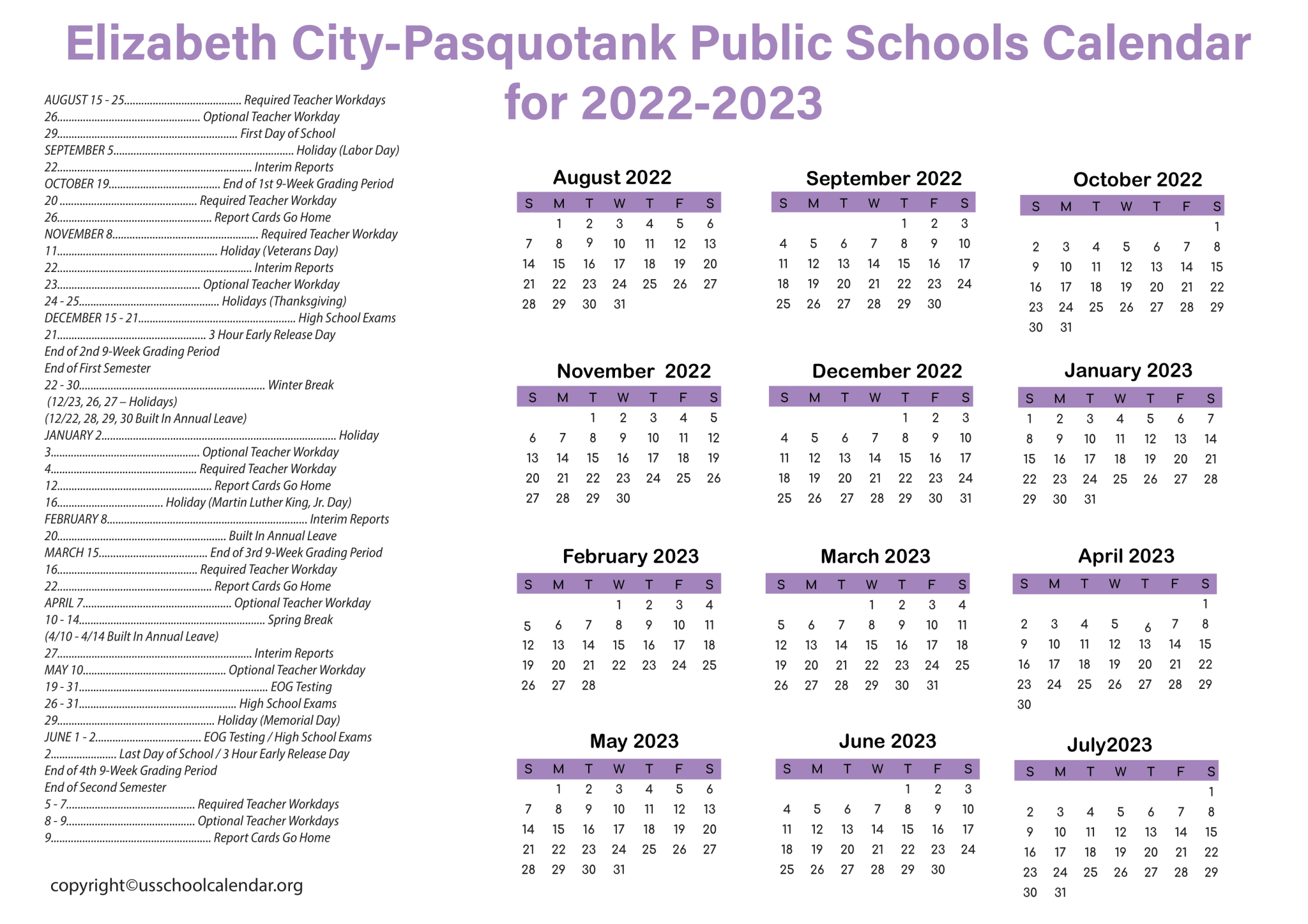 [ECPPS] Elizabeth CityPasquotank Public Schools Calendar 2023