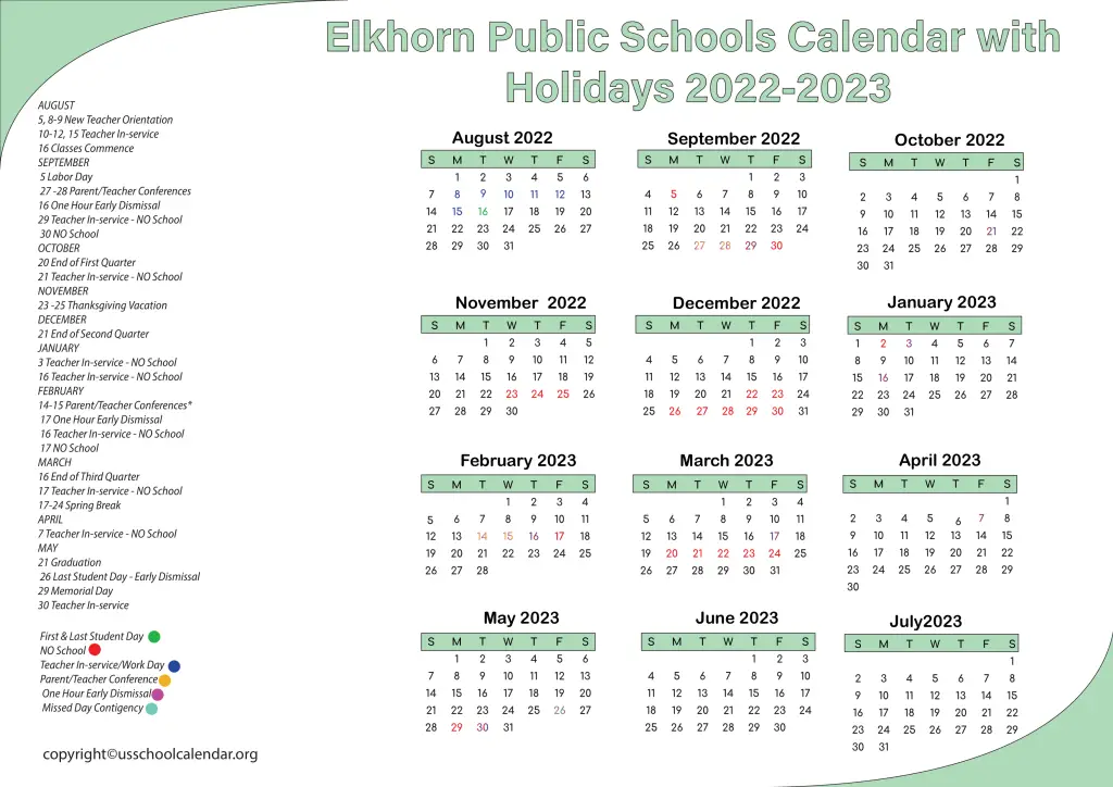 Elkhorn Public Schools Calendar with Holidays 2022-2023