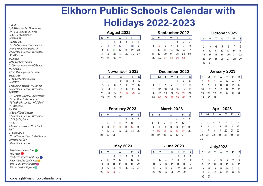 Elkhorn Public Schools Calendar with Holidays 2022-2023 2