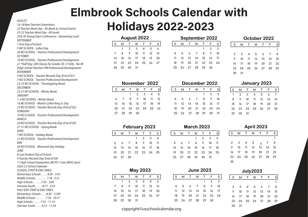 Elmbrook Schools Calendar with Holidays 2022-2023