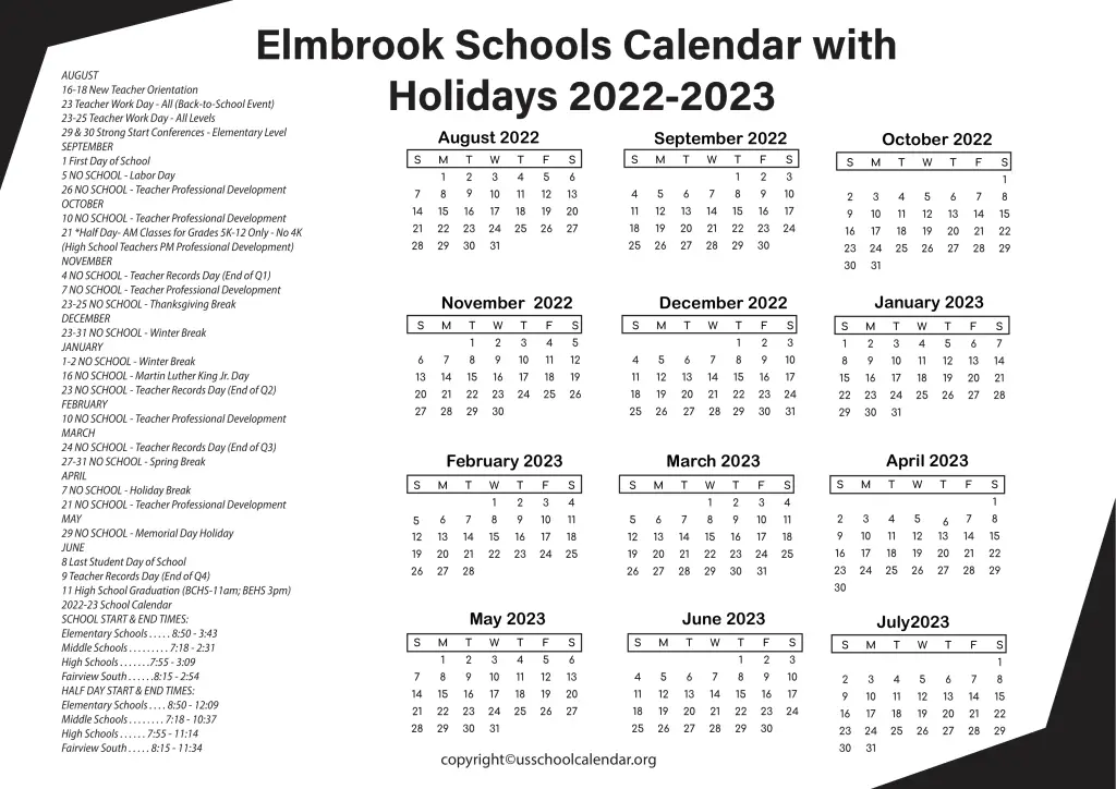 Elmbrook Schools Calendar US School Calendar