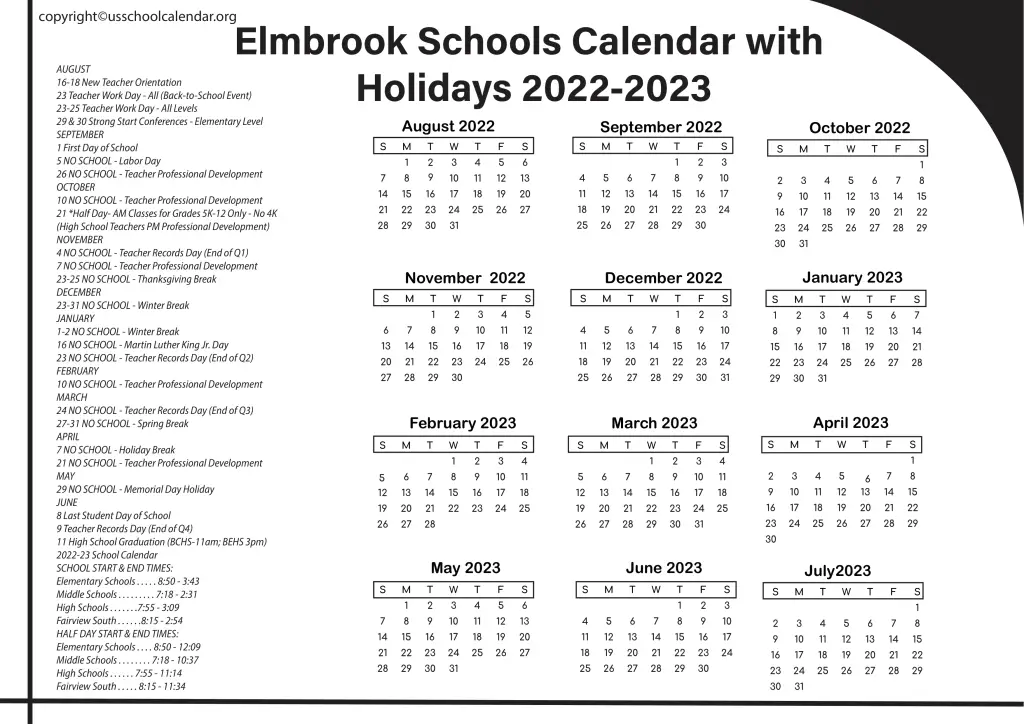 Elmbrook Schools Calendar with Holidays 2022-2023 2