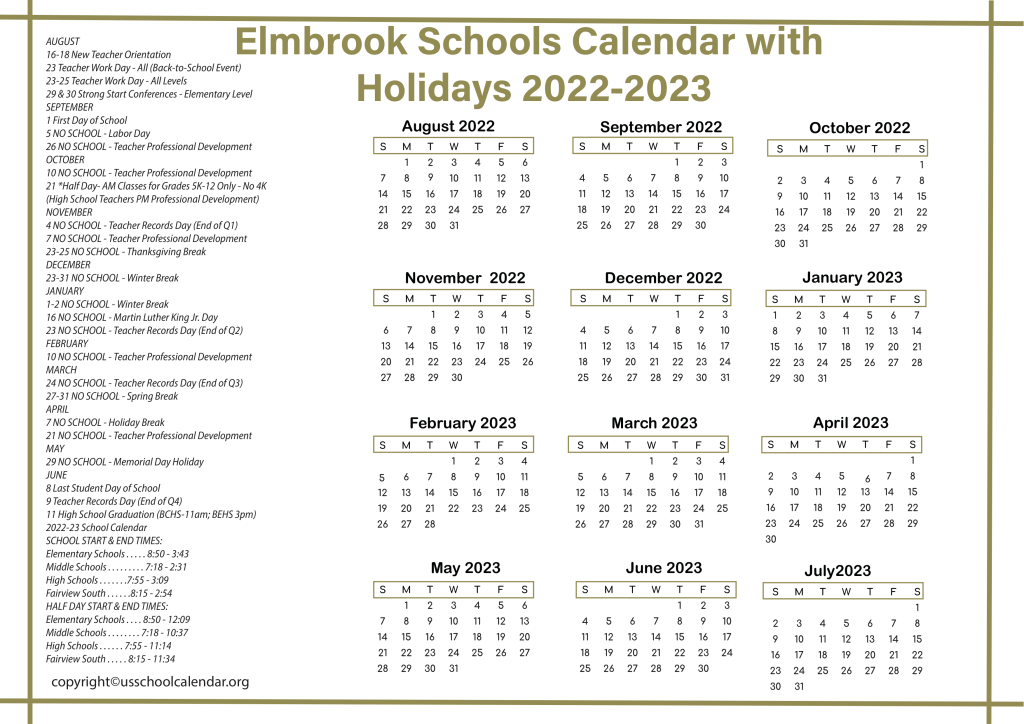 Elmbrook Schools Calendar with Holidays 2022-2023 3