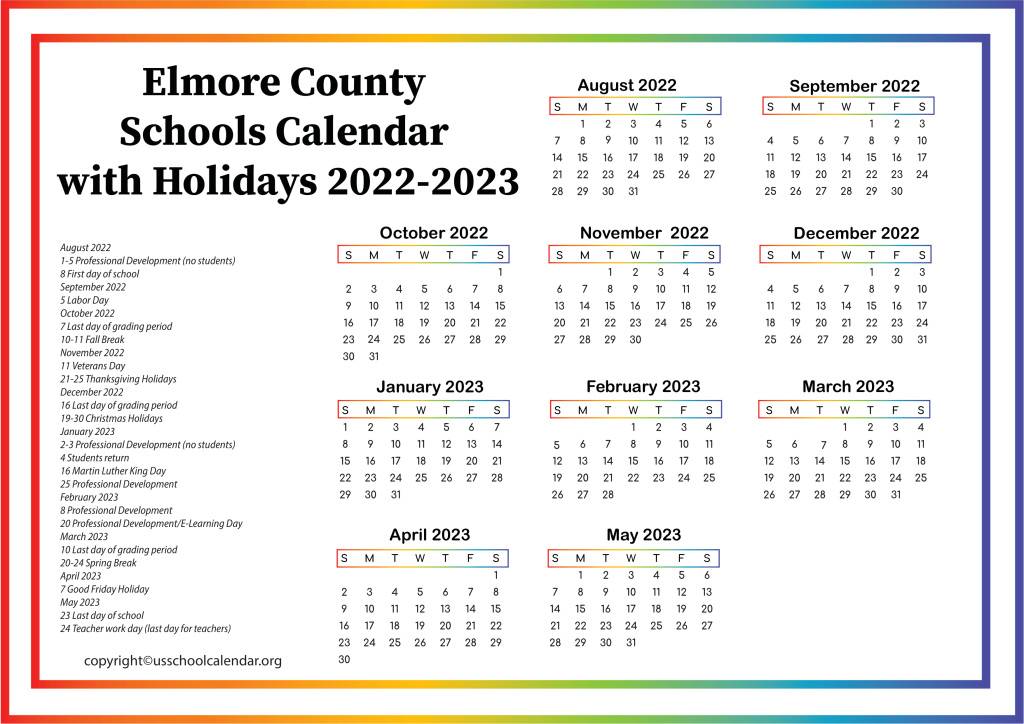 Elmore County Schools Calendar with Holidays 2022-2023
