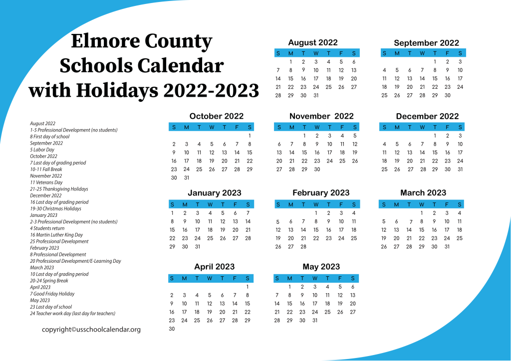 Elmore County Schools Calendar with Holidays 2022-2023 2
