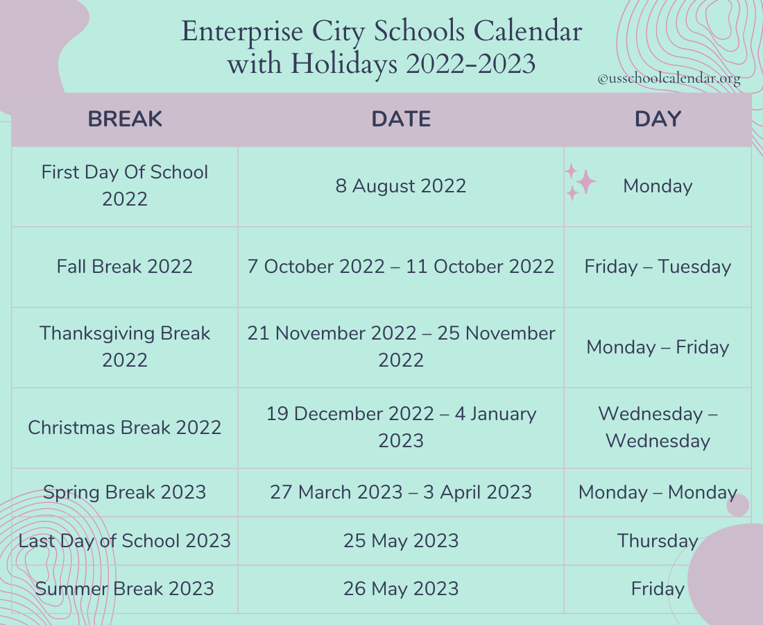 Enterprise City Schools Calendar with Holidays 20222023