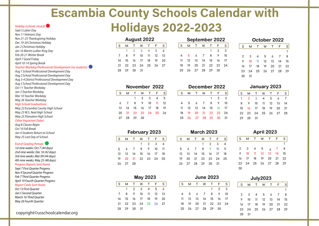 Escambia County Schools Calendar with Holidays 2022-2023