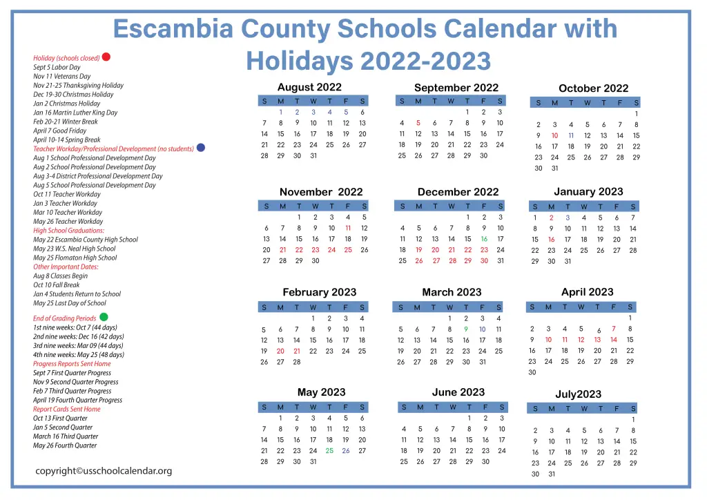 Escambia County Schools Calendar with Holidays 2022-2023 2