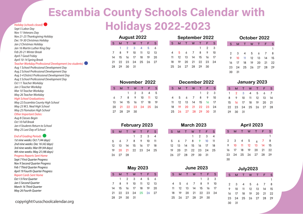 Escambia County Schools Calendar with Holidays 2022-2023 3