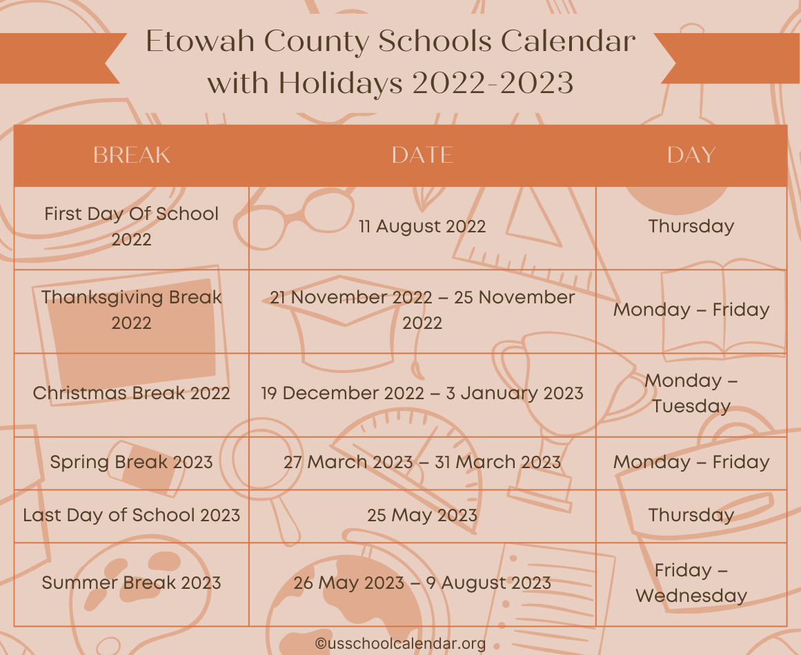 Etowah County Schools Calendar 2023 US School Calendar