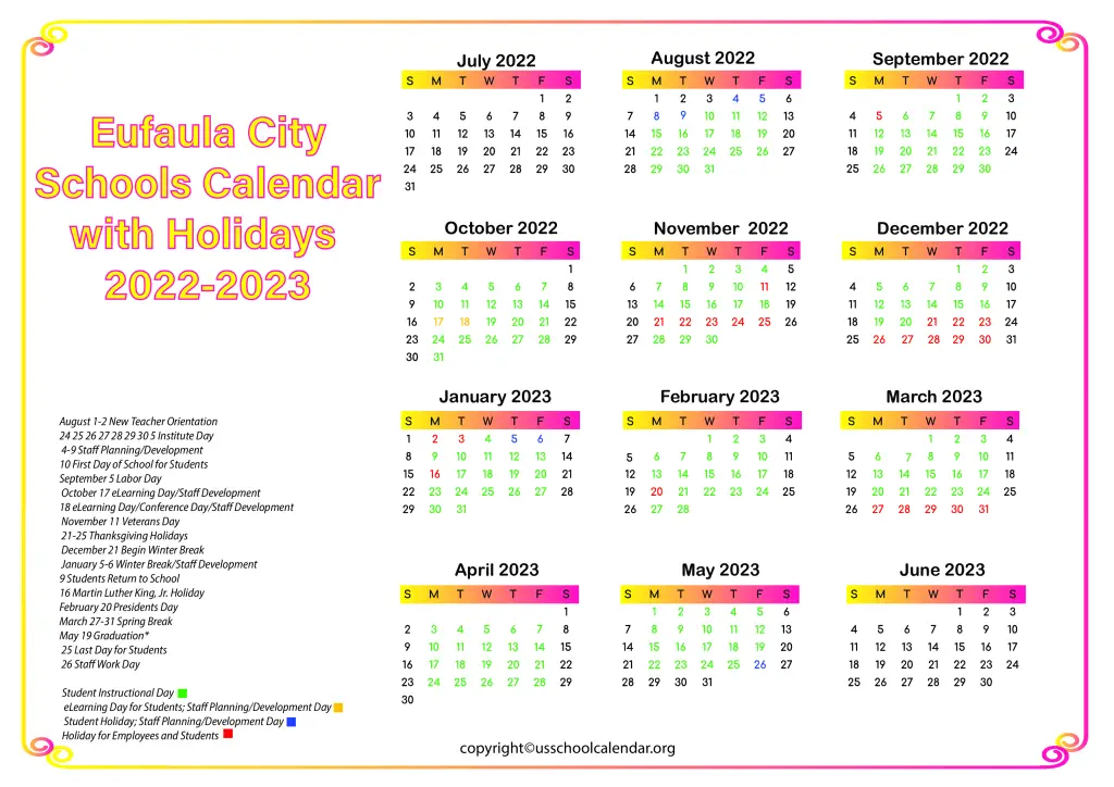 Eufaula City Schools Calendar with Holidays 2022-2023