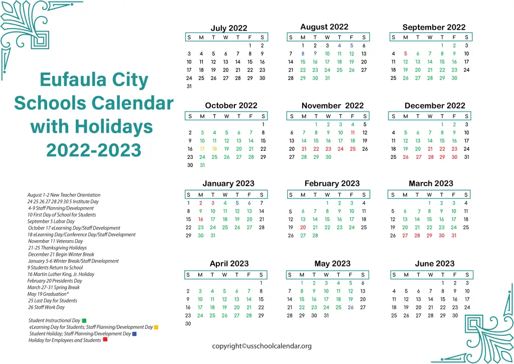Eufaula City Schools Calendar with Holidays 2022-2023 2
